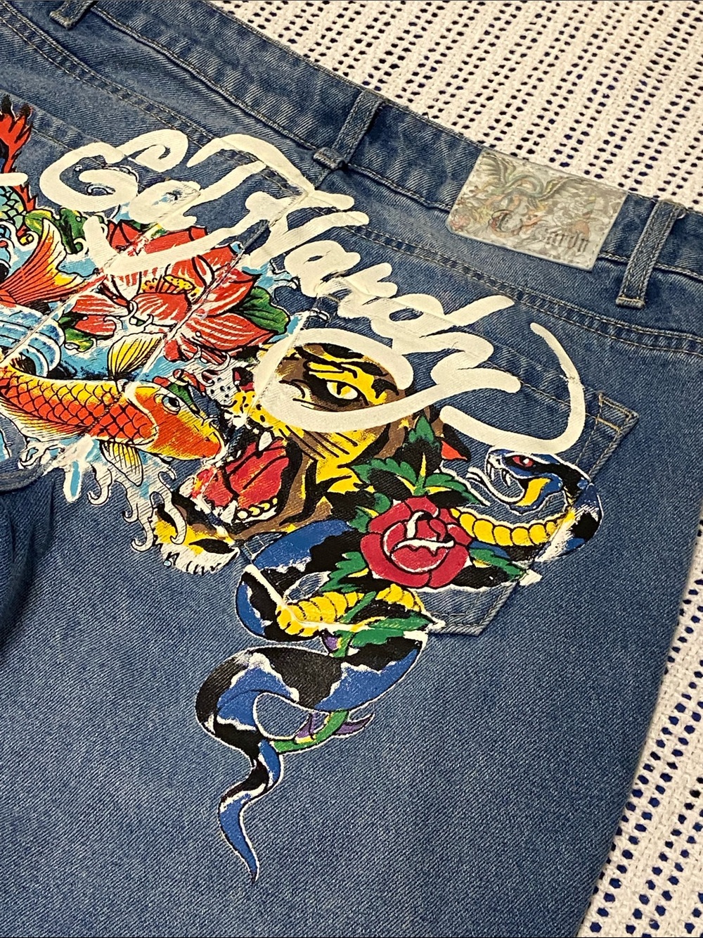 Ed Hardy Y2K-style baggy back tattoo koi print jeans Unique Size 28x33” - Picture 2 of 15